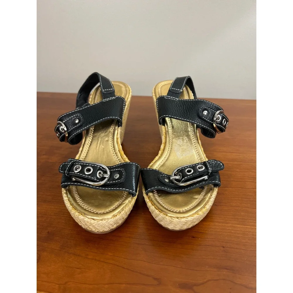 Antonio Melani Ashlee Black Leather Raffia Wedge Sandals Platform Buckle Sz 9.5